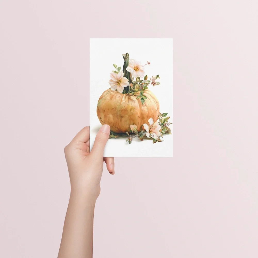 Watercolor Pumpkin with Flowers Wall Art Print Unframed - Cozy Autumn Elegance - Picture 6 of 7